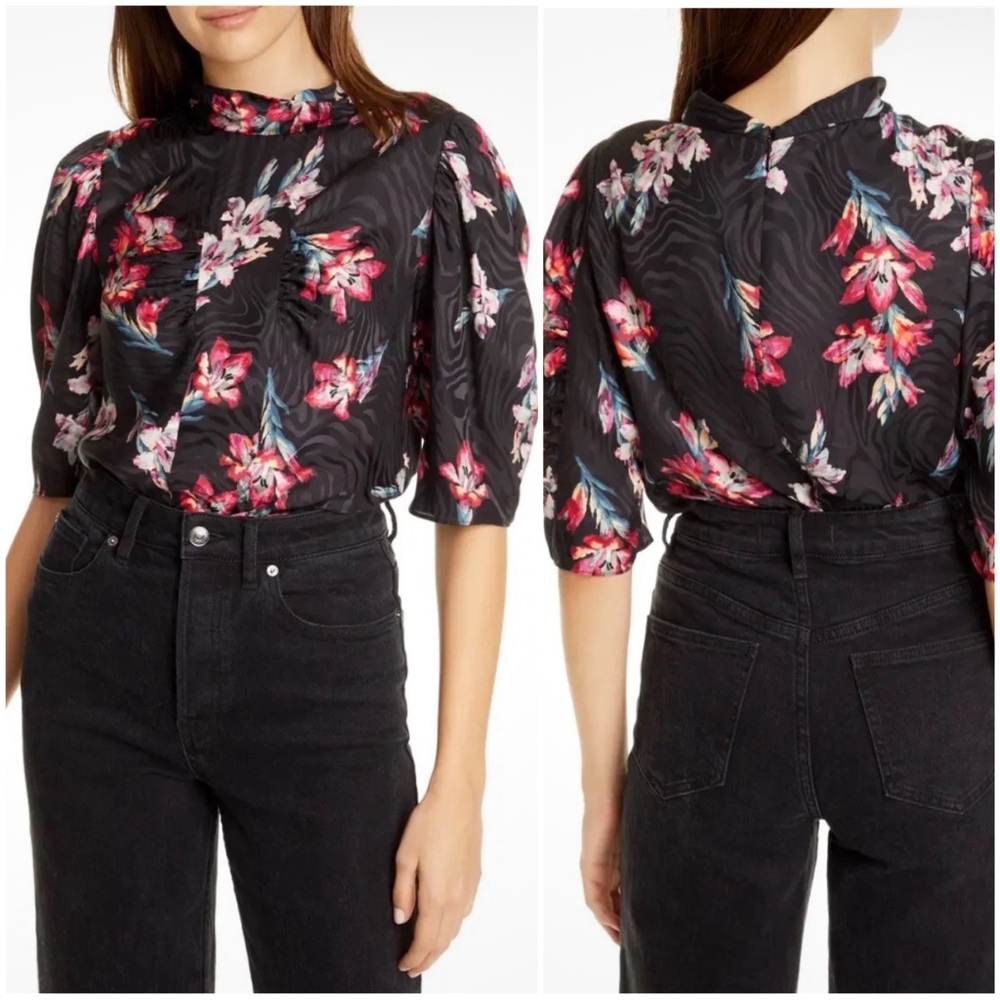 REBECCA TAYLOR Women’s Size 0 Black Floral Silk Blend Noha Puff Sleeve Blouse